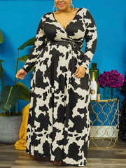 Cow Print V Neck Wrap Dresses