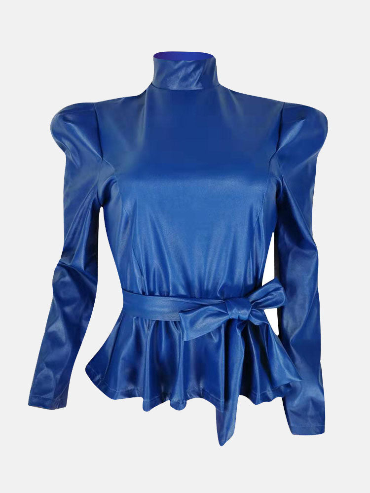 PU High Collar Belt Top