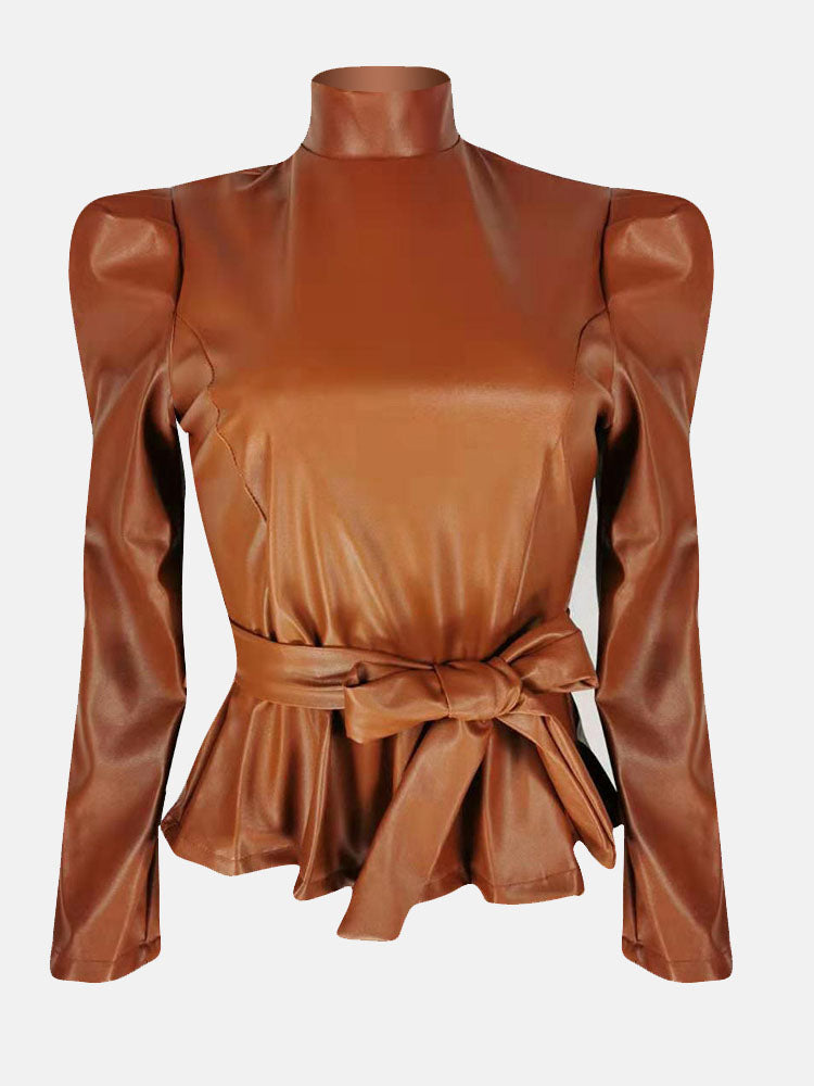PU High Collar Belt Top