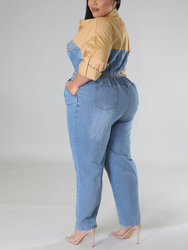 Denim Patchwork Color Block Jumpsuit