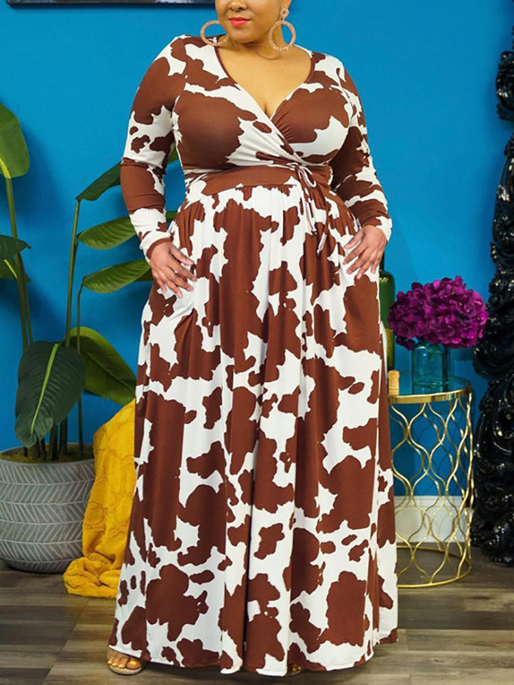 Cow Print V Neck Wrap Dresses