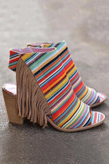 Colorful Striped Fringe Zipper Peep Toe Heels