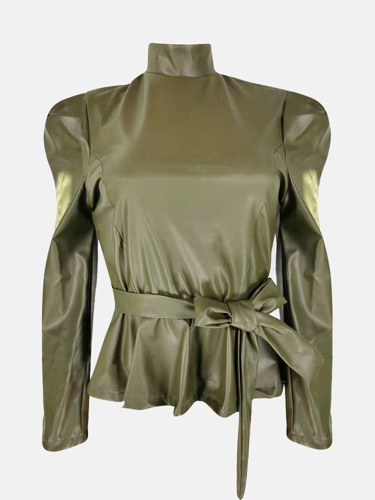 PU High Collar Belt Top