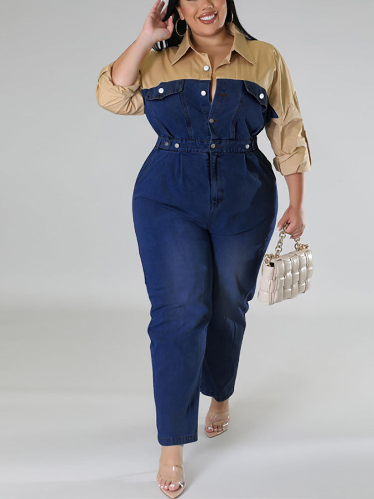 Denim Patchwork Color Block Jumpsuit