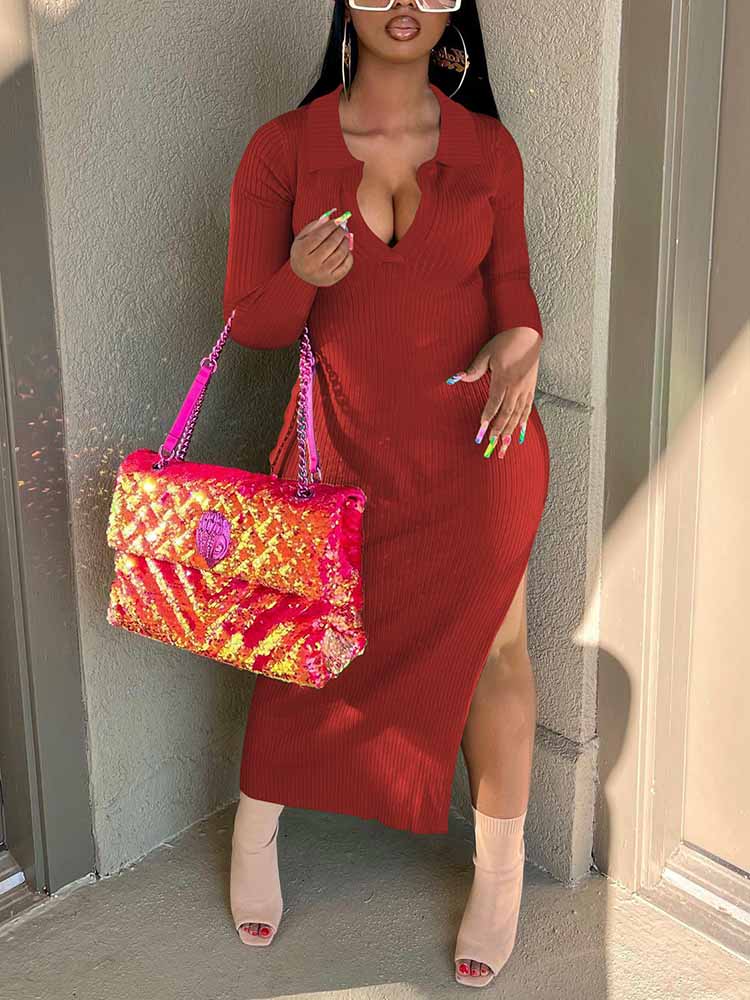 Ribbed Slit Bodycon Midi Dresses