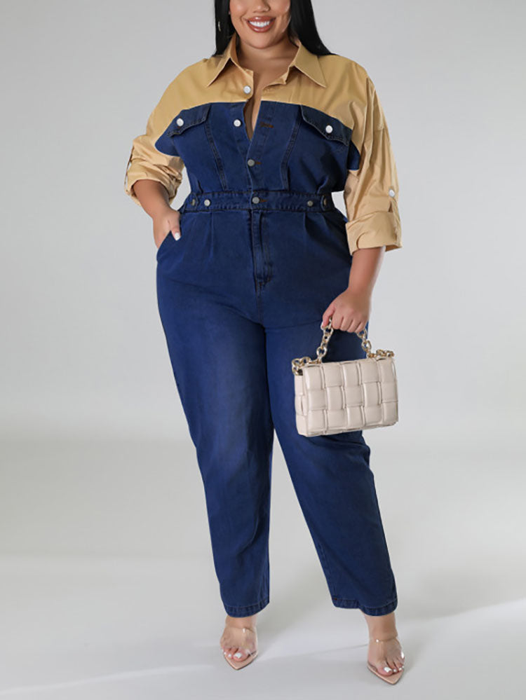 Denim Patchwork Color Block Jumpsuit