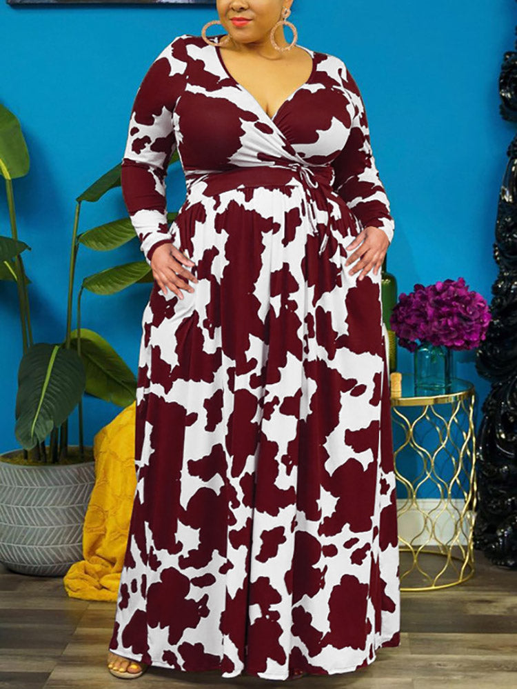 Cow Print V Neck Wrap Dresses