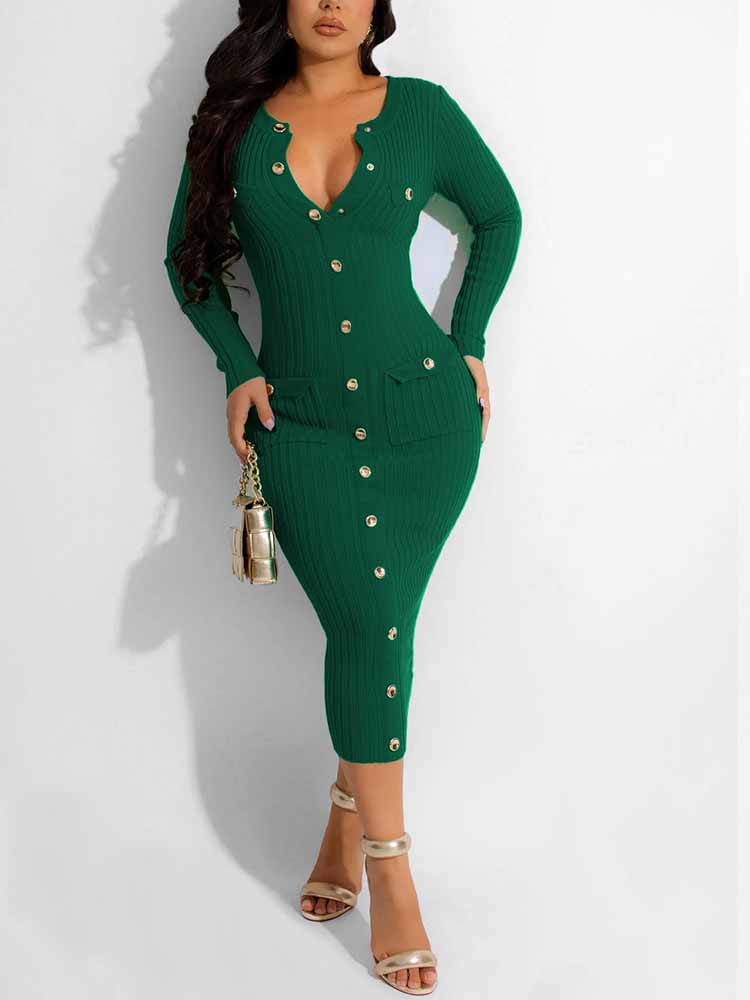 Button Ribbed Midi Pencil Dresses