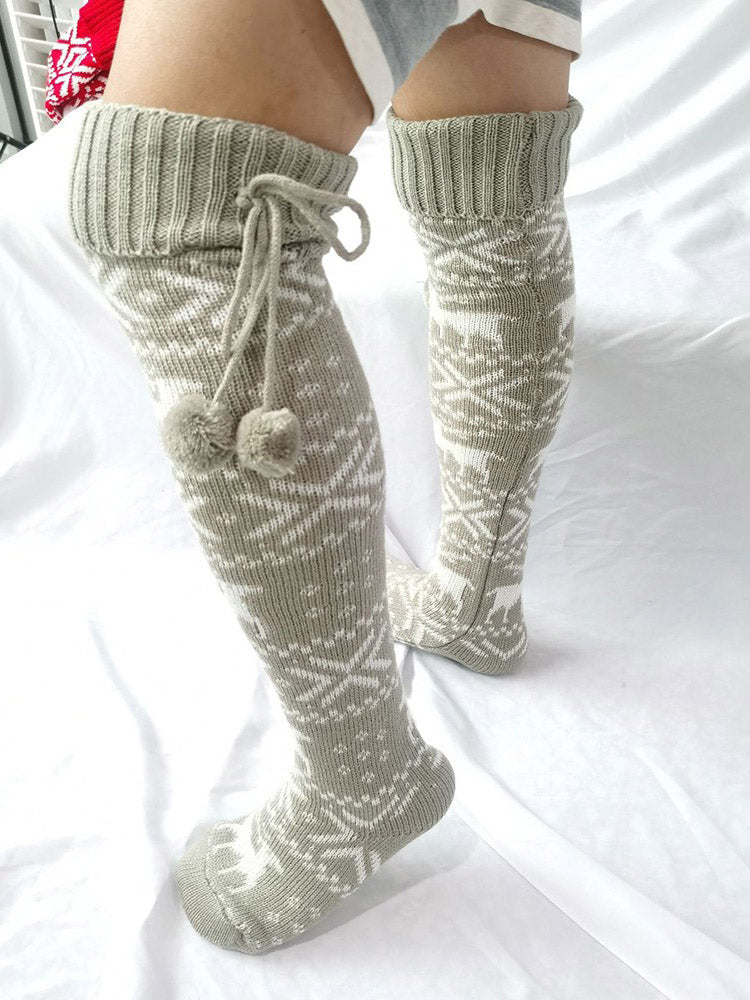 Christmas Elk Snowflake Print Pom Socks