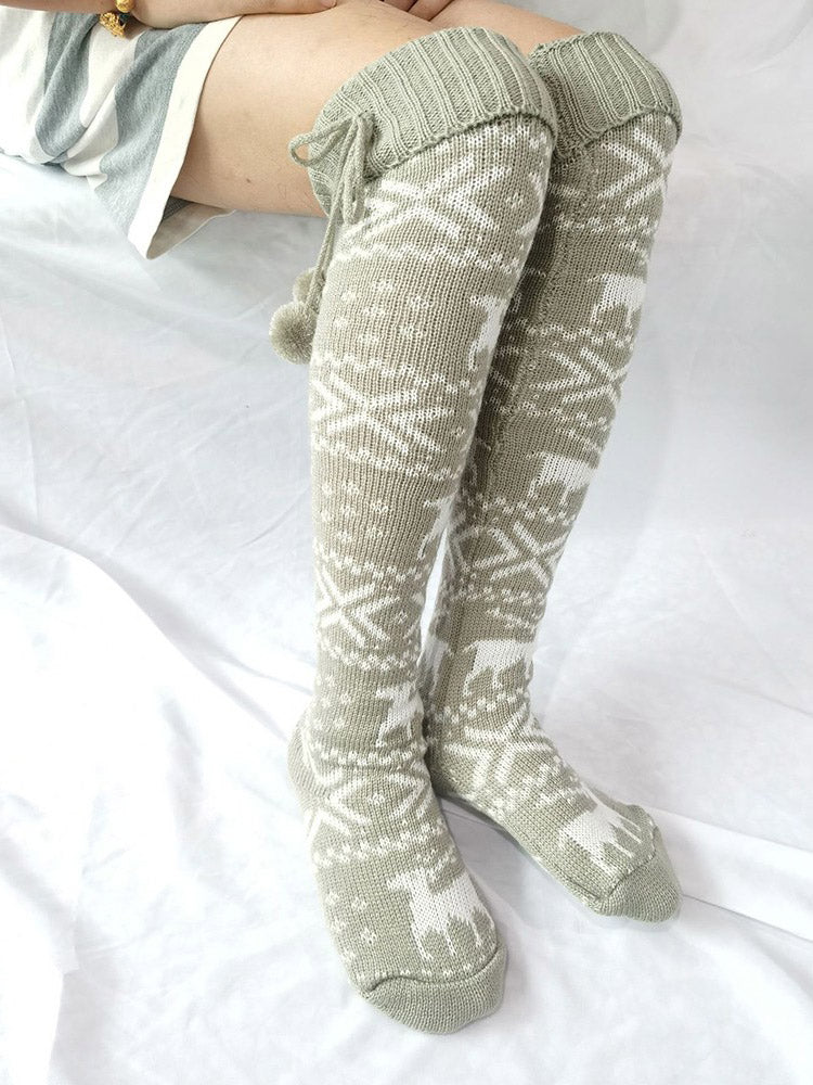 Christmas Elk Snowflake Print Pom Socks