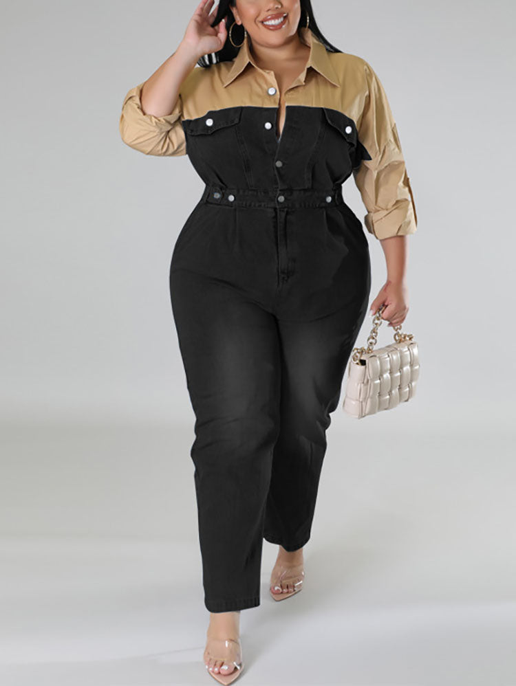 Denim Patchwork Color Block Jumpsuit