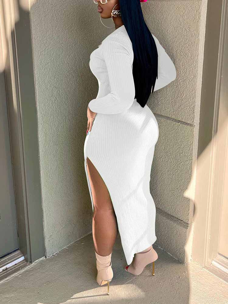 Ribbed Slit Bodycon Midi Dresses