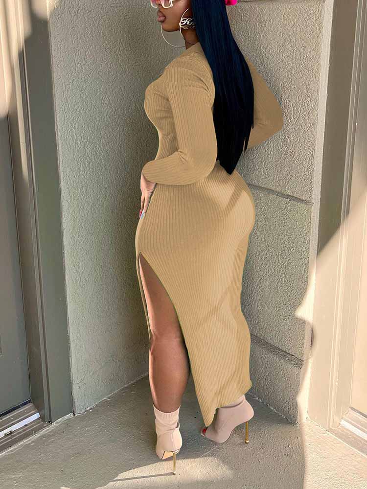 Ribbed Slit Bodycon Midi Dresses