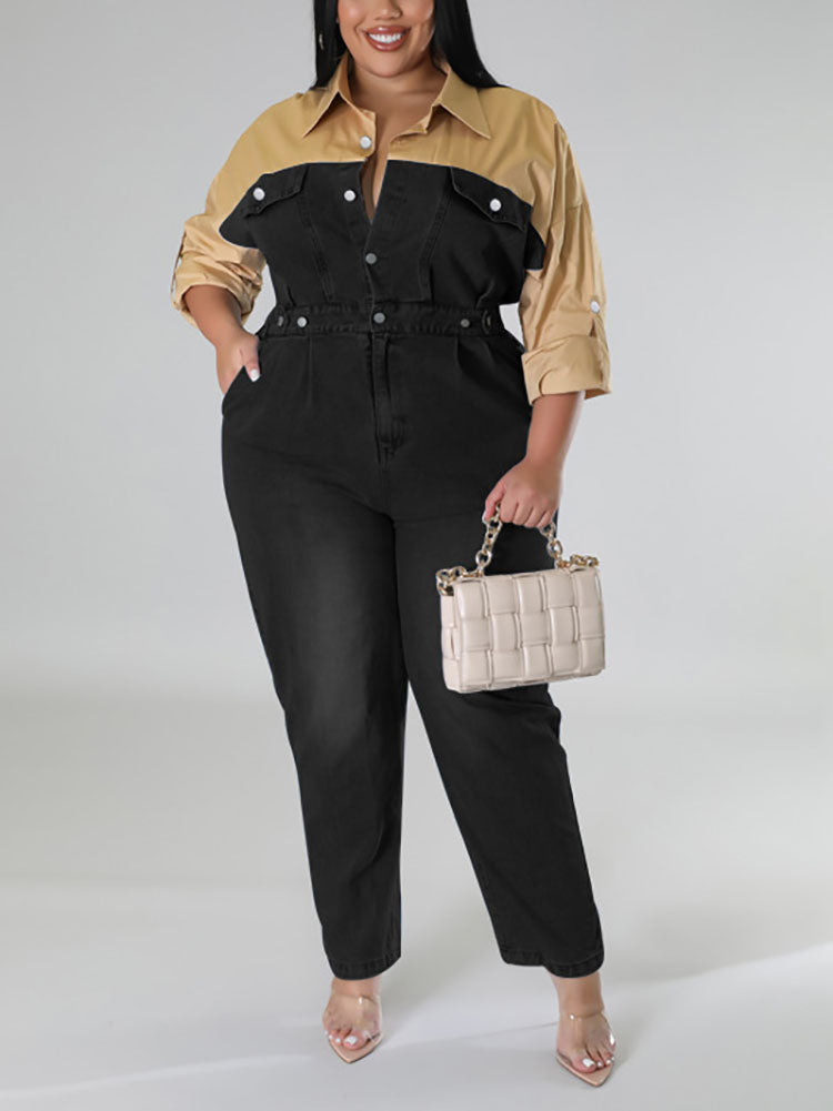 Denim Patchwork Color Block Jumpsuit
