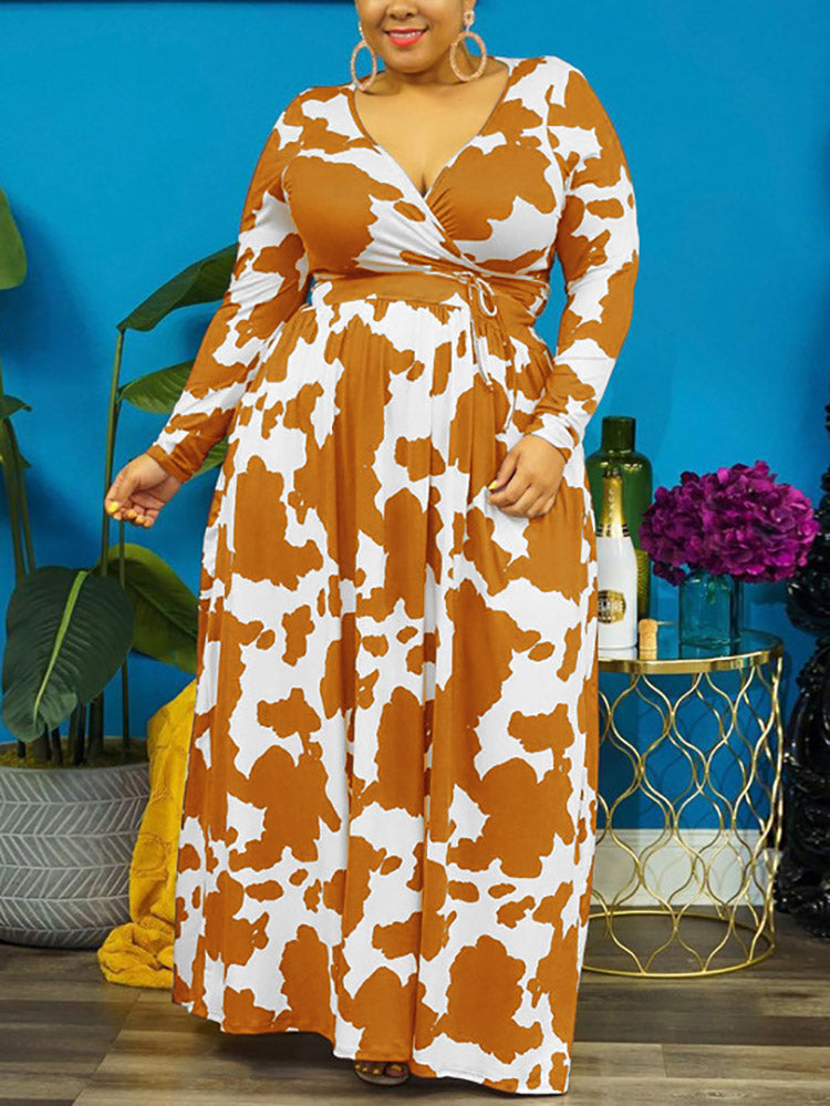 Cow Print V Neck Wrap Dresses