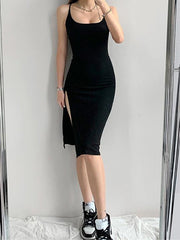 Tie Back Slit Black Maxi Dresses