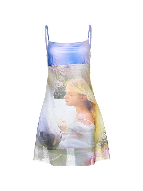 Printed Sleeveless Mesh Mini Dresses