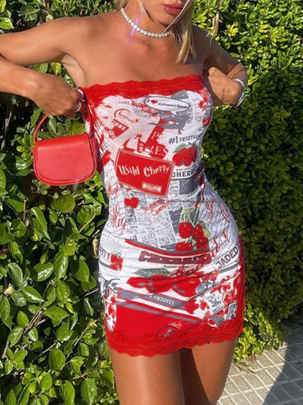 Lace Trim Split Strapless Bodycon Mini Dresses