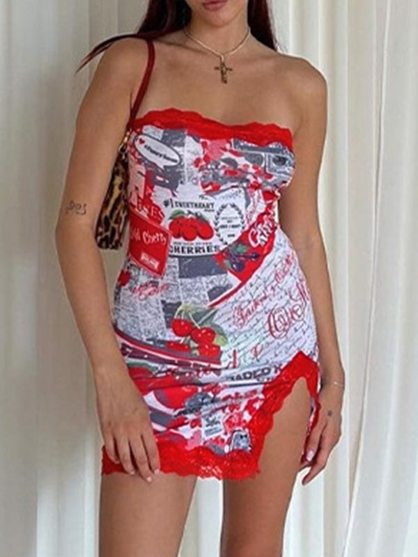 Lace Trim Split Strapless Bodycon Mini Dresses