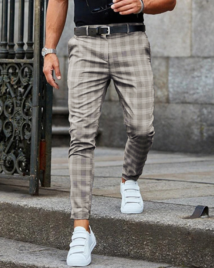 Men   Casual Grid Skinny Long Pants