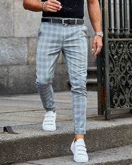 Men   Casual Grid Skinny Long Pants