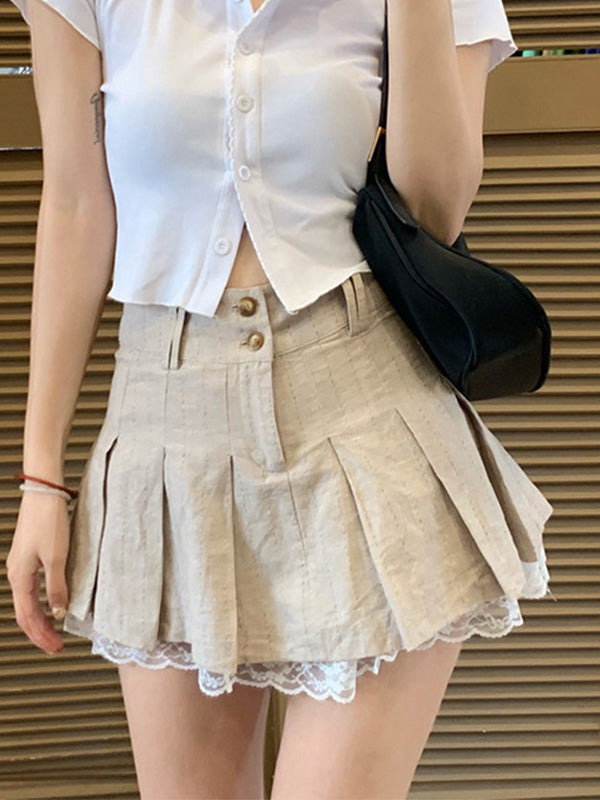 Cotton Linen Pleated Mini Skirt