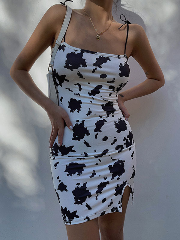 Cow Print Tie Strap Mini Dresses