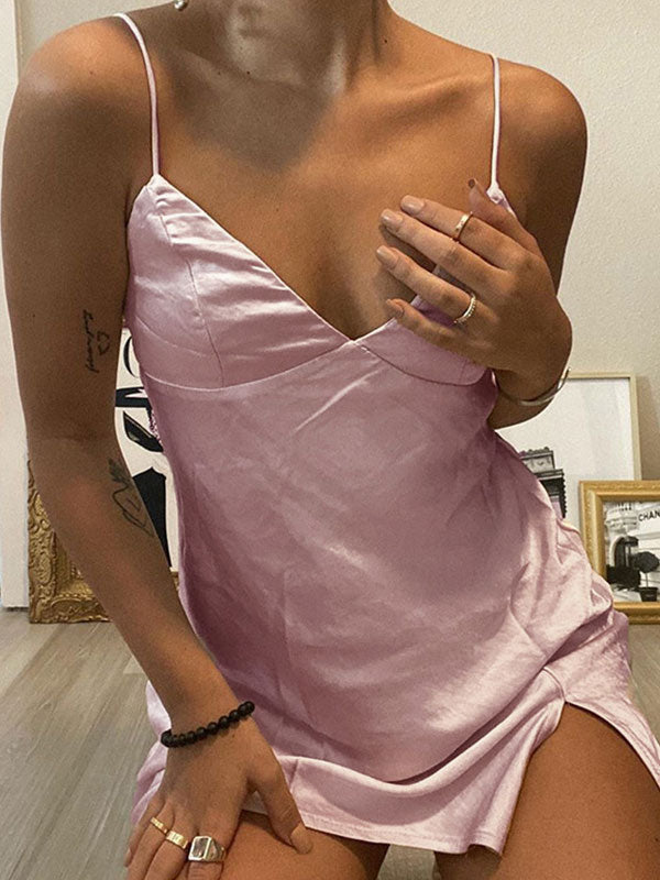 V Neck Split Satin Mini Dresses