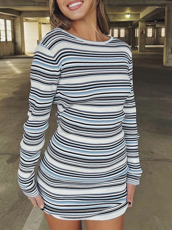 Backless Long Sleeve Striped Knit Mini Dresses
