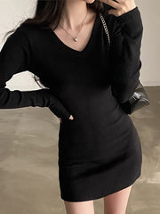 Knitted Black Long Sleeve Mini Dresses