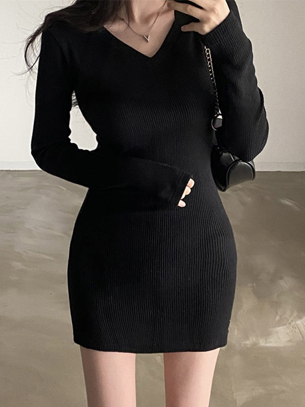 Knitted Black Long Sleeve Mini Dresses