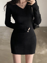 Knitted Black Long Sleeve Mini Dresses