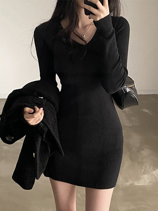 Knitted Black Long Sleeve Mini Dresses