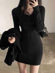 Knitted Black Long Sleeve Mini Dresses