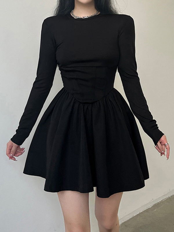 Corset Detail Black Long Sleeve Mini Dresses