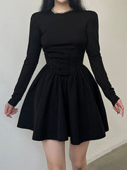 Corset Detail Black Long Sleeve Mini Dresses