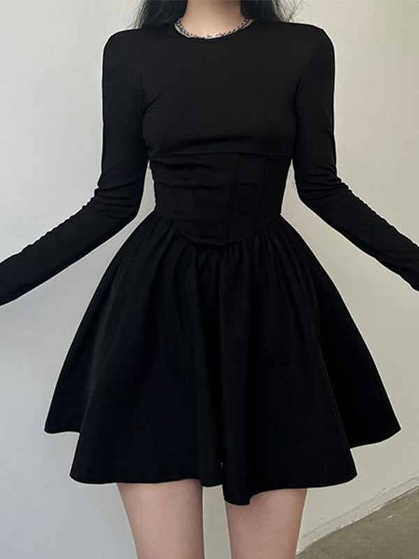Corset Detail Black Long Sleeve Mini Dresses