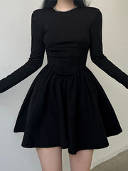 Corset Detail Black Long Sleeve Mini Dresses