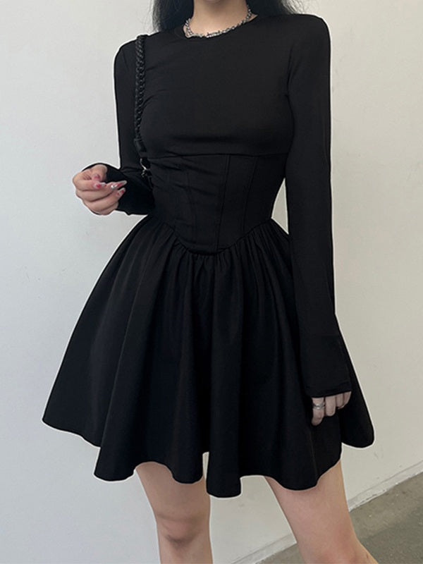 Corset Detail Black Long Sleeve Mini Dresses