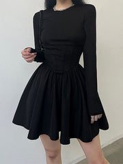 Corset Detail Black Long Sleeve Mini Dresses