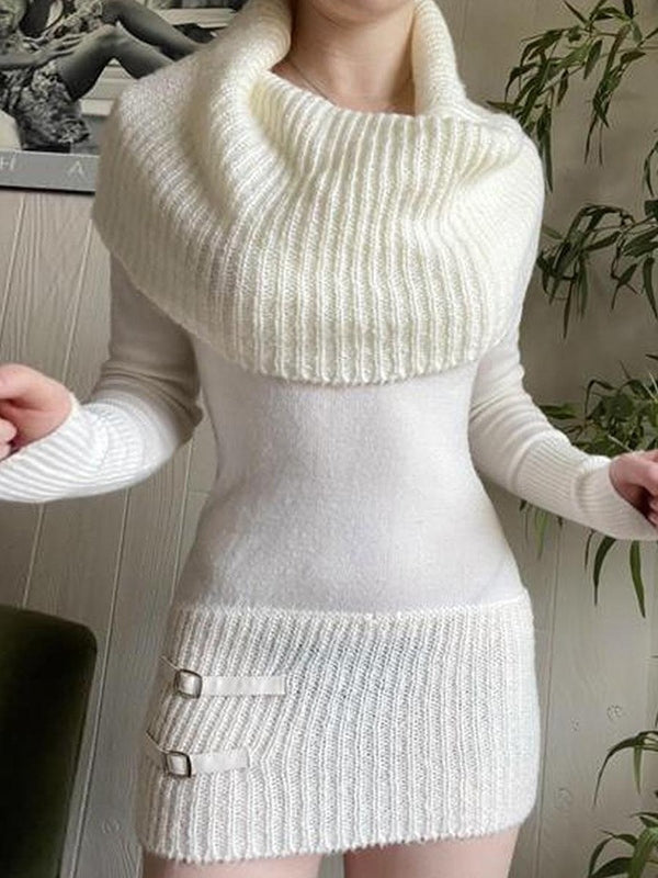 White Collar Long Sleeve Sweater Mini Dresses