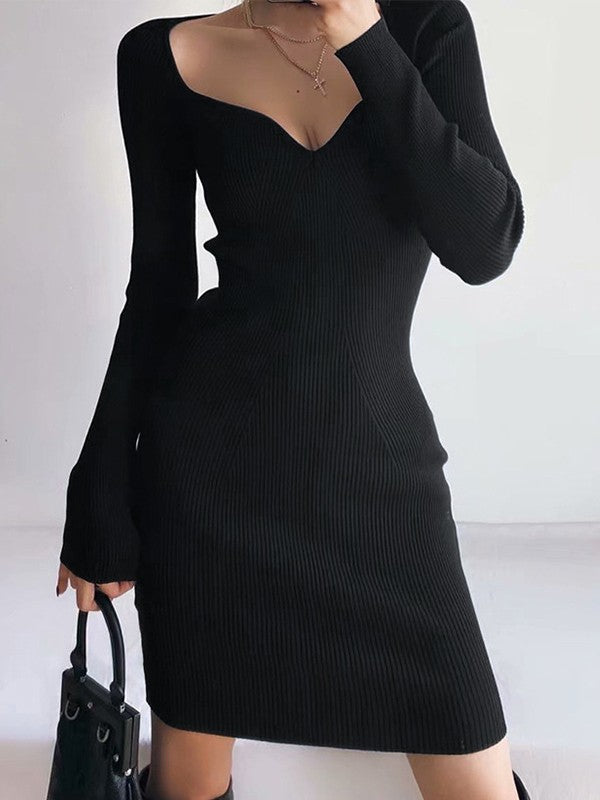 V Neck Ribbed Knit Long Sleeve Mini Dresses