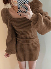 Puff Sleeve Brown Ribbed Knit Mini Dresses