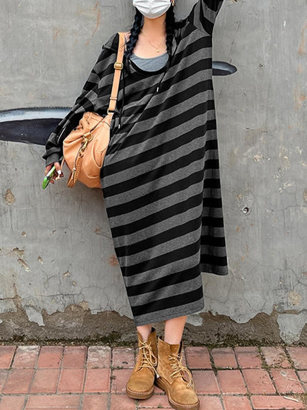 Hooded Stripe Long Sleeve Maxi Dresses