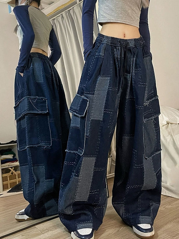 Vintage Blue Checkered Baggy Cargo Jeans