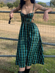 Backless Green Checkered Maxi Dresses