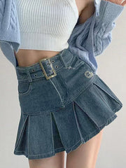 Buckle Belt Pleated Denim Mini Skirt