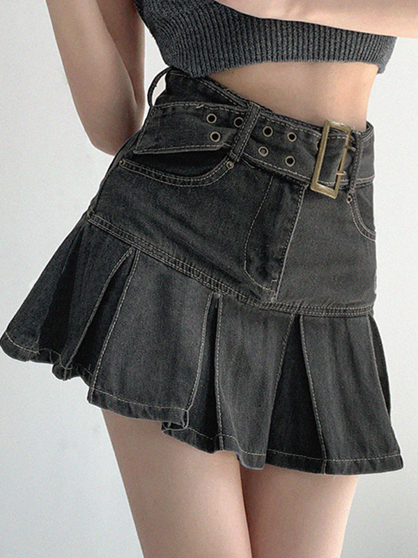 Buckle Belt Pleated Denim Mini Skirt