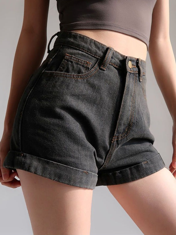 Washed Cuffed Hem Denim Shorts