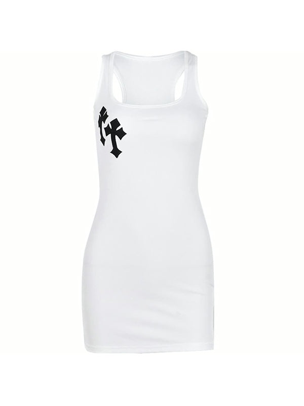 Cross Patch Ribbed Tank Mini Dresses